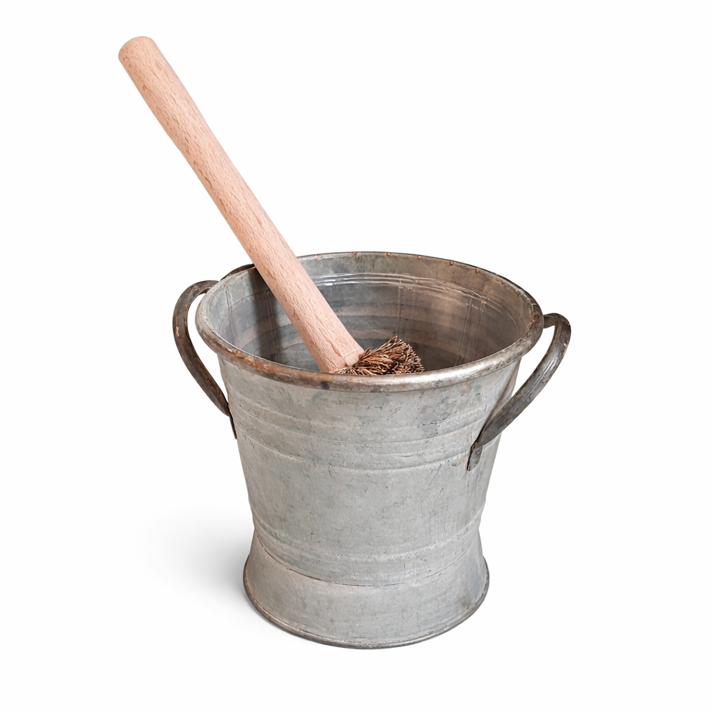 Zinken emmertje (met houten toiletborstel)