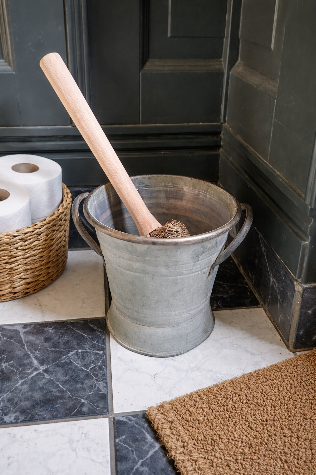 Zinken emmertje (met houten toiletborstel)